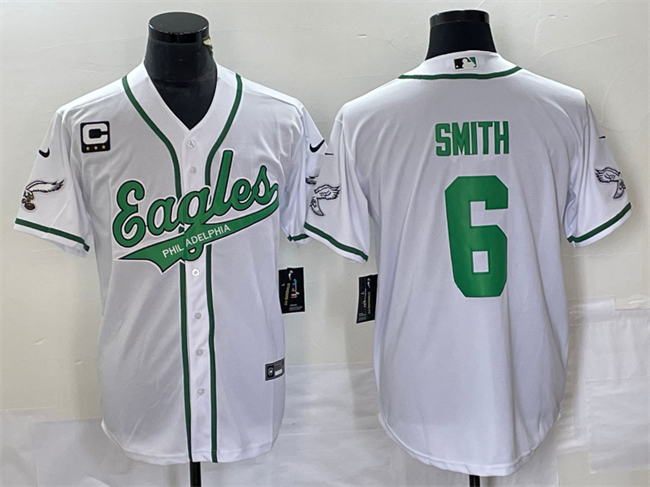 Men's Philadelphia Eagles #6 DeVonta Smith White With 3-star C Patch Cool Base Stitched Baseball Jersey